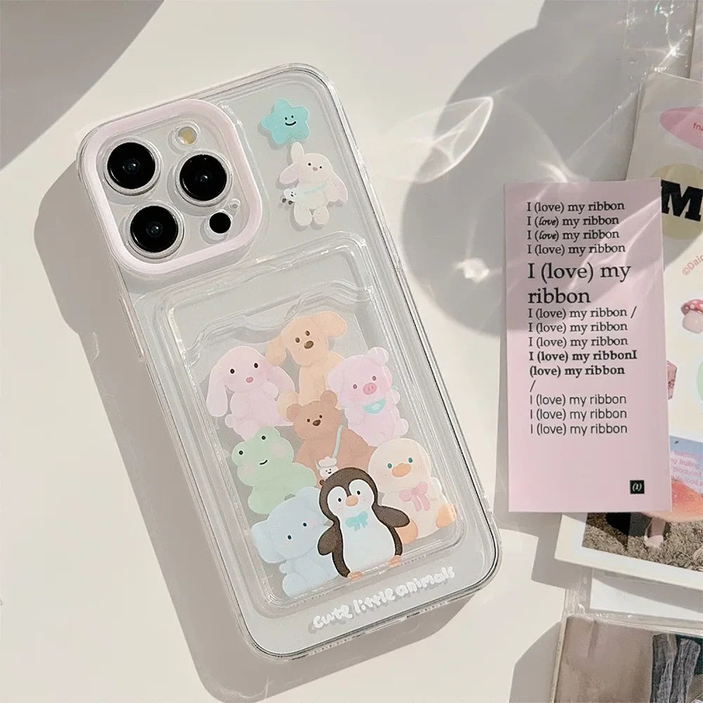 Cute Cartoon Animals Transparent Card Slot Pocket Case For iPhone