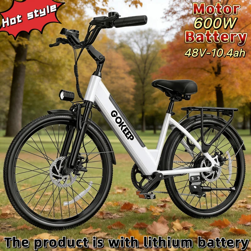 26-inch fashionable E-Bike, 7-speed variable speed adult electric bicycle, 600W brushless motor 48V-10.4ah battery electric mope