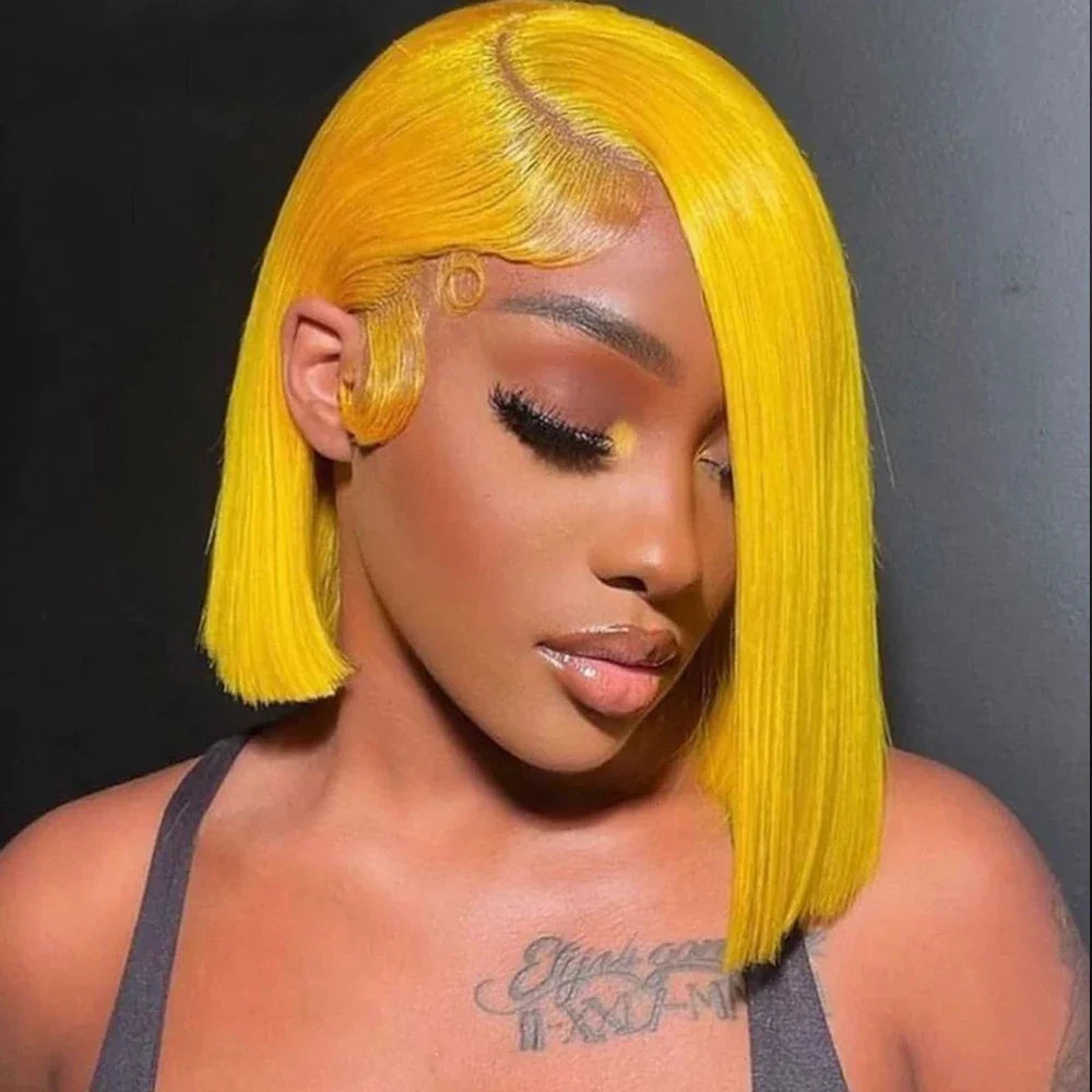 Peluca Lisa Bob Amarilla 13x4 Peluca Frontal de Encaje Cabello Humano para Mujeres Transparente Peluca Bob Corta Corte Pixie Brasileño 220% Densidad