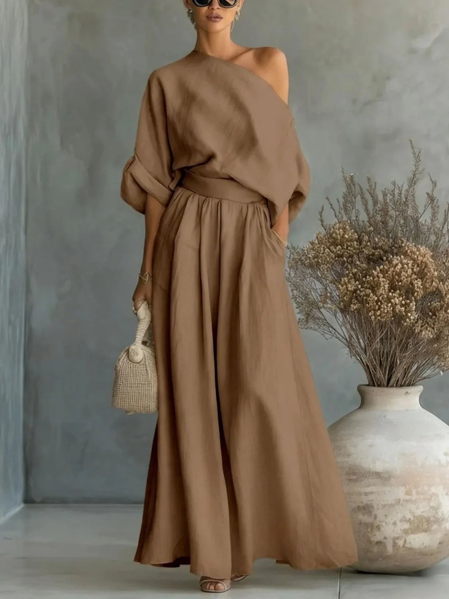 Pant Set Women Elegant Two Piece Sets Skew Collar Half Sleeve Shirt Wide Leg Long Pants Tight Waist Y2k Streetwear Work 2026