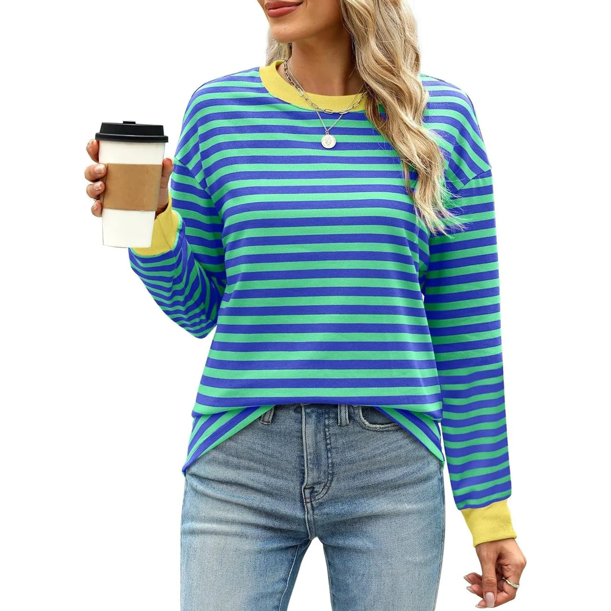 Autumn Winter Long Sleeve Basic T-Shirts Women Stripe Print Round Neck Casual Loose Fit Tunic Tops Streetwear