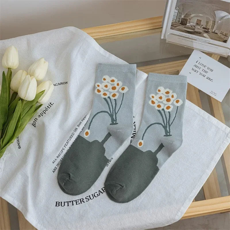 New Style Crew Socks for Women Spring Fashion Cute Flower Long Cotton Socks Japanese Style Breathable Casual Trendy Absorb Sweat