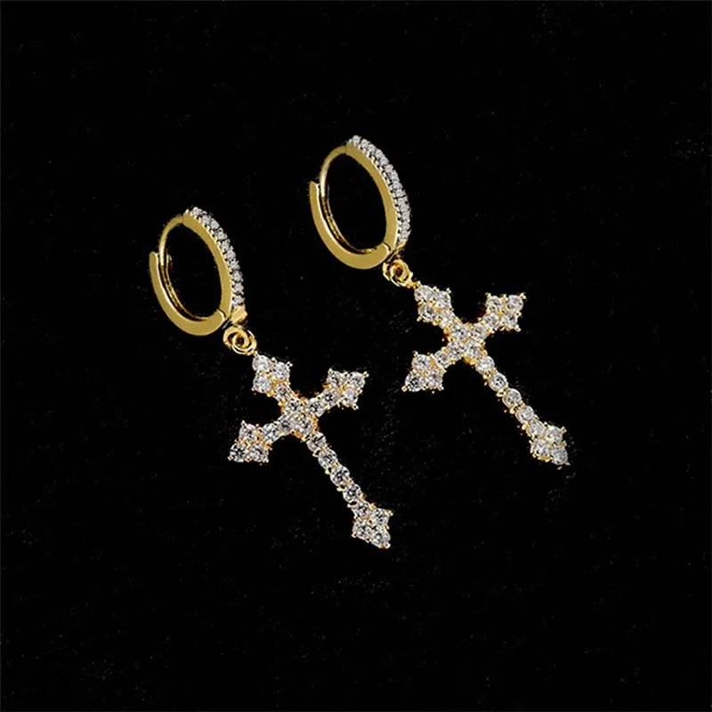 Korean Sliver Color Zircon Cross-Shape Drop Earrings | Punk Hip Hop Crystal Pendant Earrings
