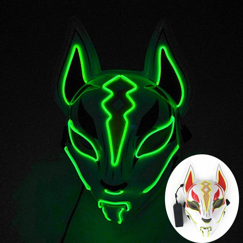 LED Fox Mask Neon Light Up Japanese Kitsune Mask for Halloween Cosplay Party Rave Festival Costume Glowing EL Wire Masque