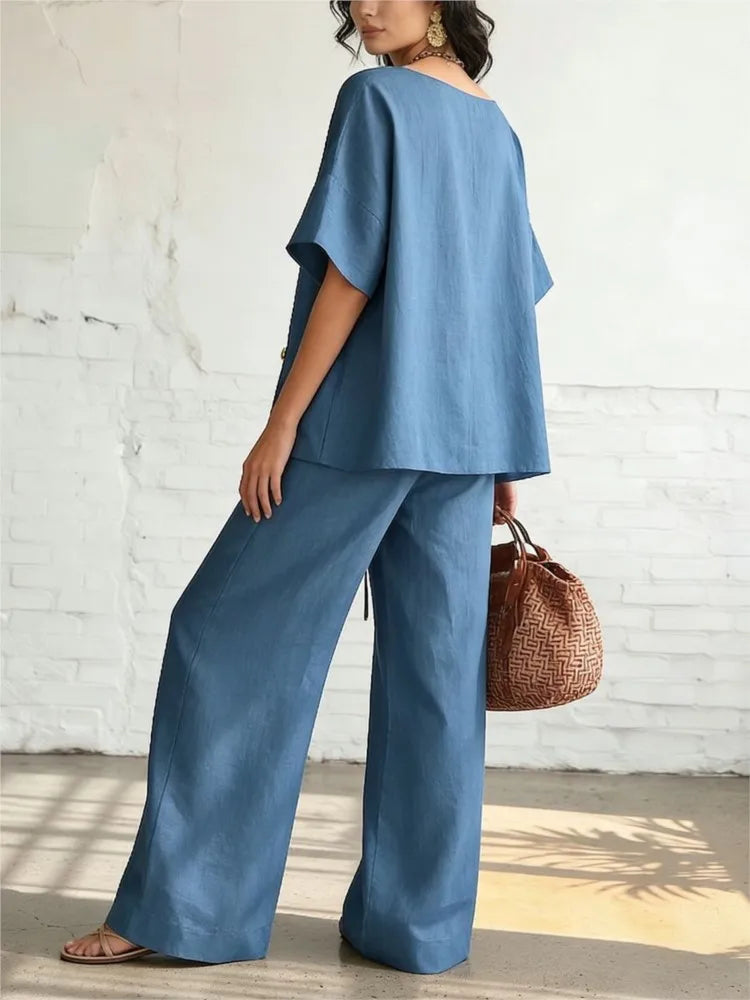 2026 Casual Cotton Loose Pants Sets Women Summer Fashion Short Sleeve V-neck Tops And Wide Leg Pant 2 Piece Set Woman Outfits