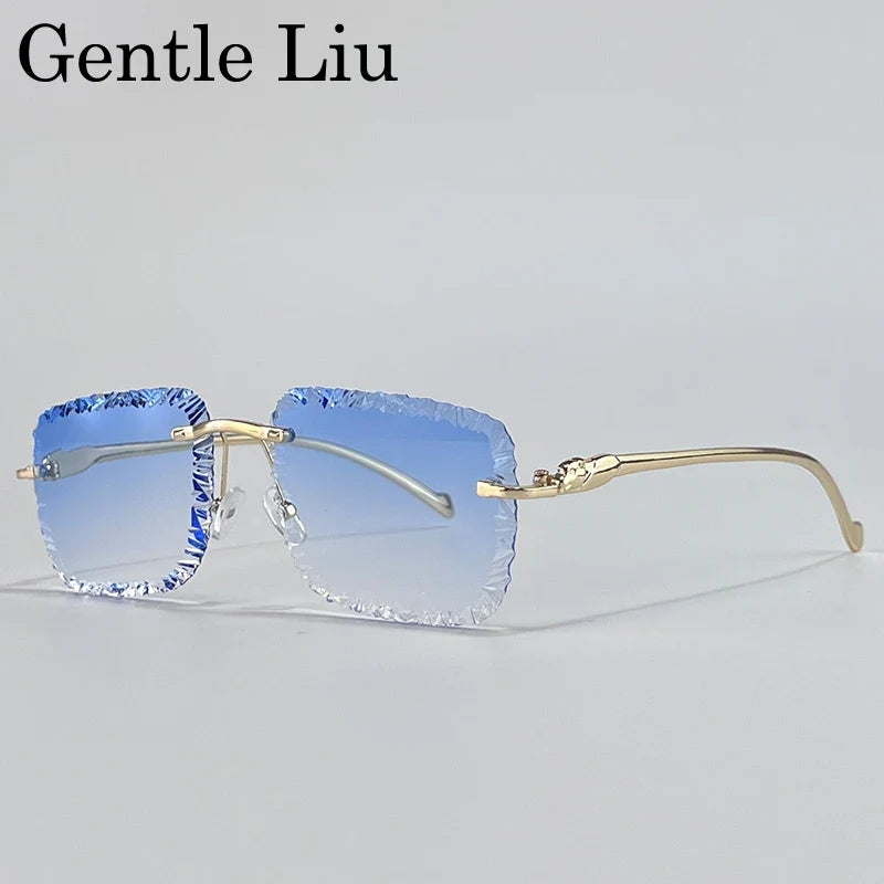 Fashion Square Rimless Punk Sunglasses Men 2025 Luxury Brand Cut Edge Frameless Sun Glasses For Male Leopard Head Eyewear Shades