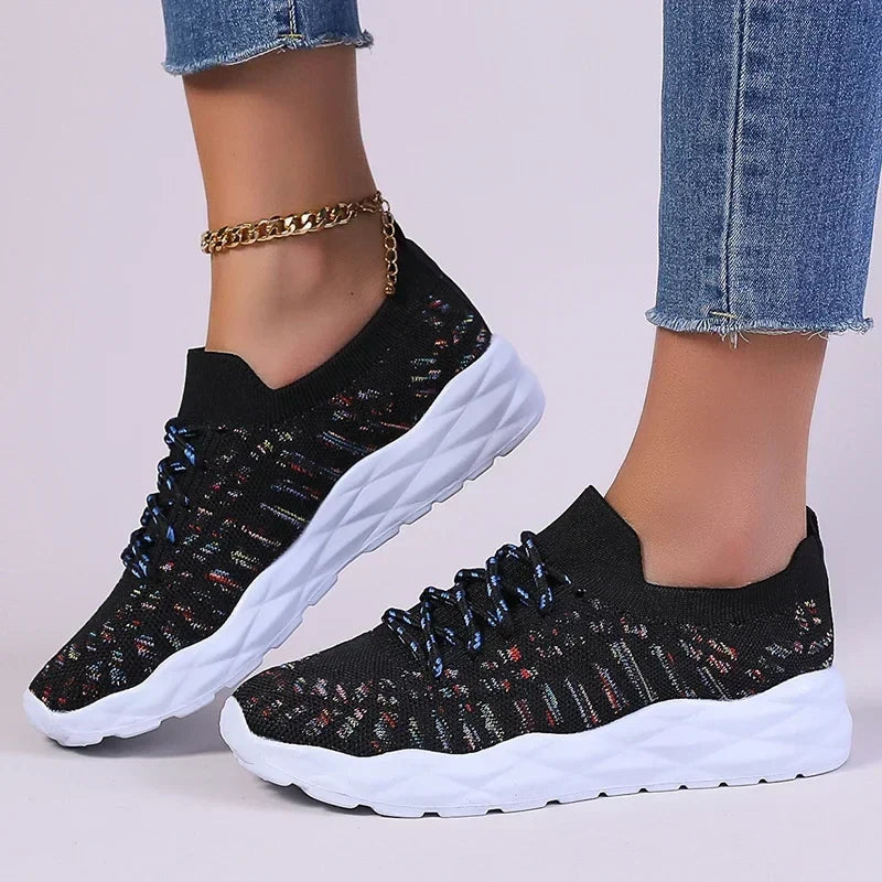 Mixed Color Knitted Platform Sneakers Women Spring Summer Casual Thick Sole Sports Shoes Woman Lace Up Non Slip Walking Shoes