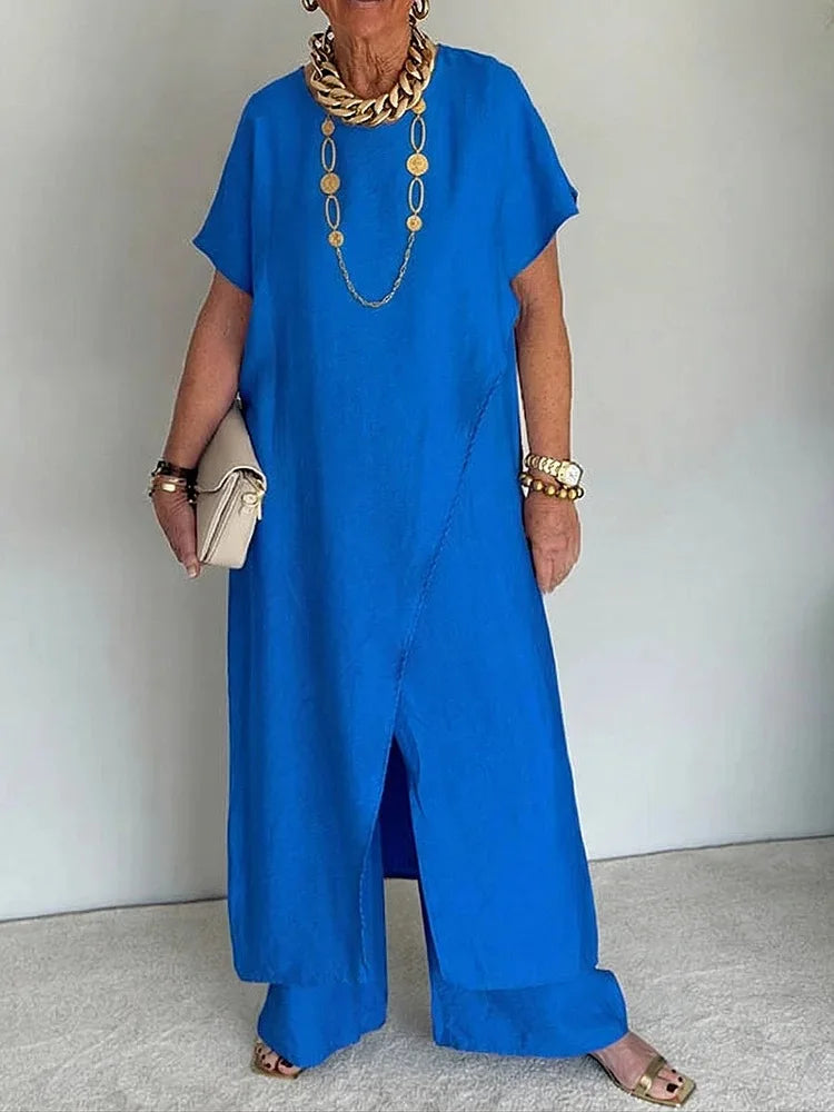 Loose Irregular 2 Piece Set for Women Short Sleeve Round Neck Long Top + Wide Leg Pants Casual Outdoor Commuting Versatile Suit