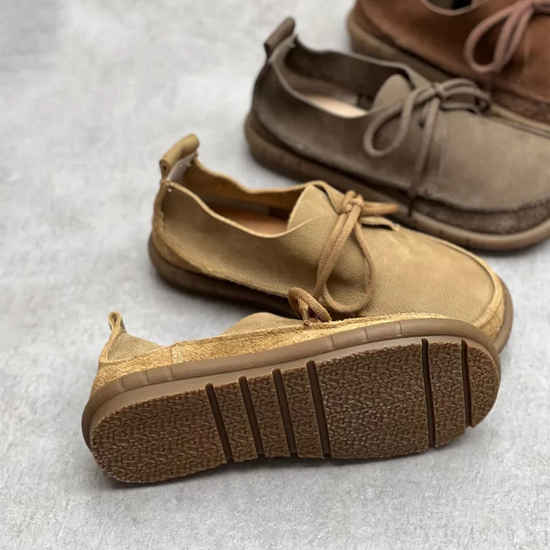 Johnature Handmade Genuine Leather Flats 2026 New Women Shoes Round Toe Shallow Soft Sole Loafers Retro Solid Color Shoes