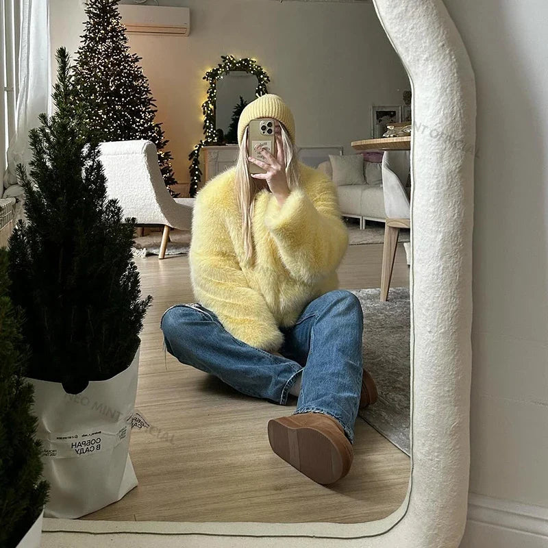 Neo Mint Cool Street Girls Winter Fashion Fluffy Fox Fur Jacket Women Casual Round Neck Faux Fur Coat Chic Thick Warm Outerwear