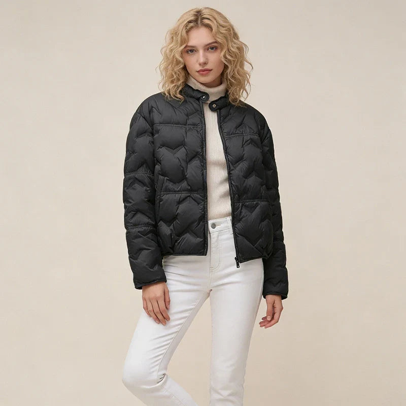 Schinteon Women White Duck Down Lightweight Puffer Quilted Jacket Stand Collar Fashion Autumn Winter Short Coat 2026 New
