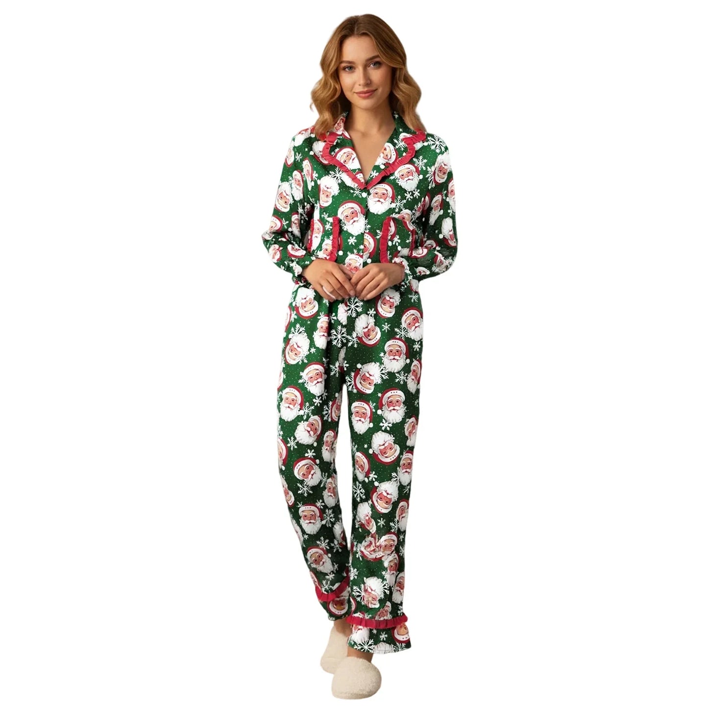 Women's Christmas Pajama Sets Fashionable Lapel V Neck Long Sleeve Printed Tops with Pants 2 Pieces Soft Sleepwear