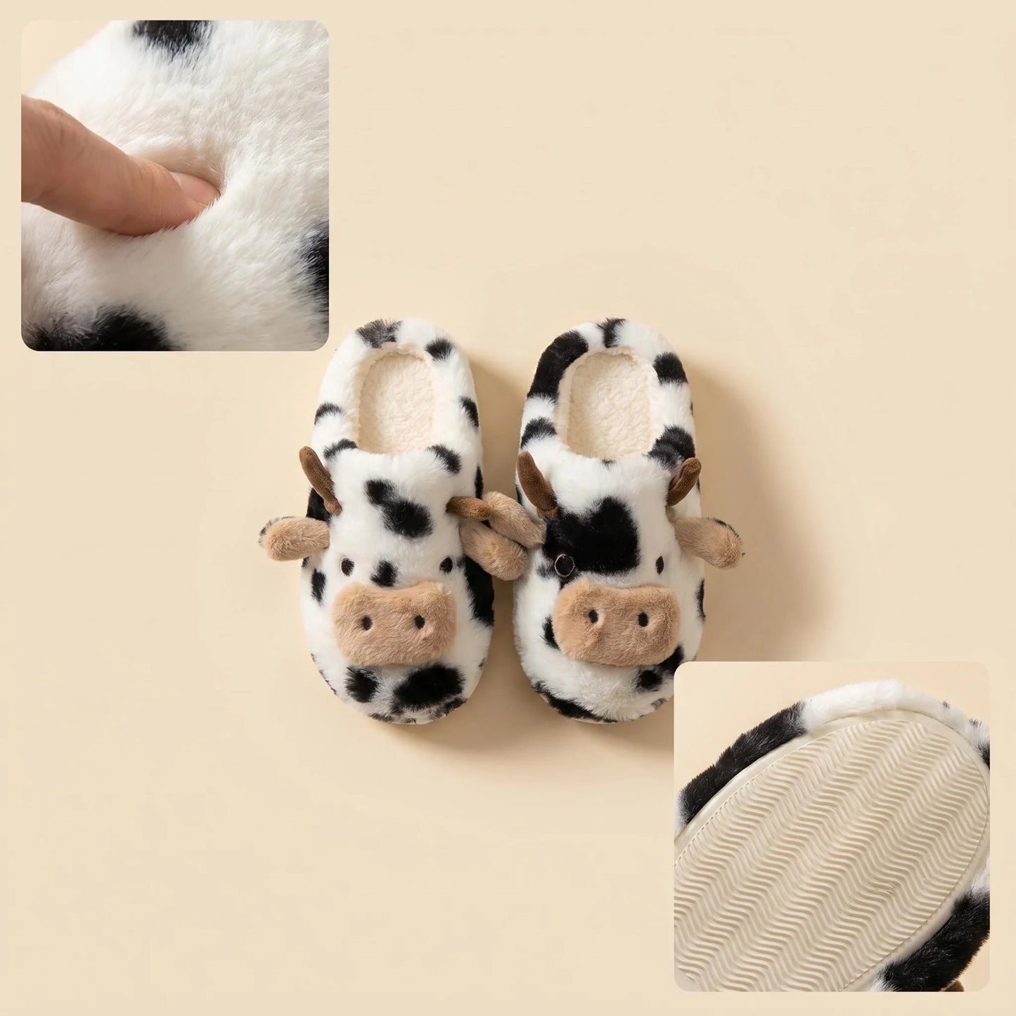 A Pair of Cute Cartoon 3D Cow Plush Slippers for Women, Comfortable Fluffy Home Slippers with Soft Soles for the Bedroom, Cute 3D Milk-Themed Warm Non-Slip Indoor Slippers, Lightweight and Silent Comfortable Shoes for Women, a Top Choice for Holiday Gifts