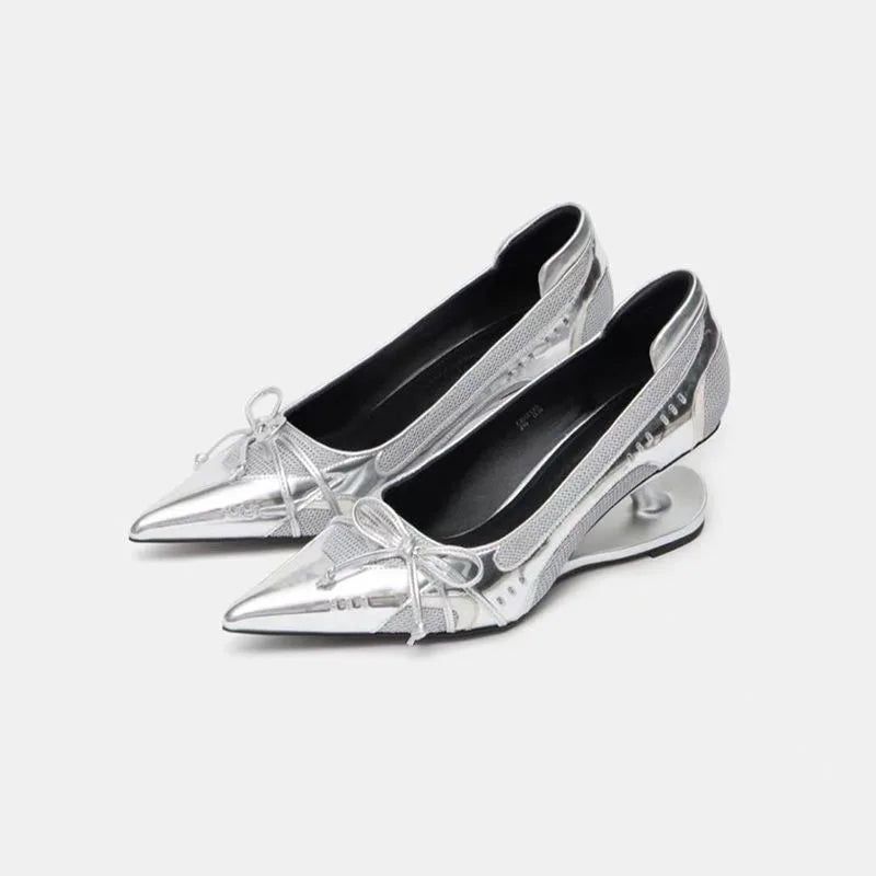 Special Heel Spliced Heels Pointed Toe Heels Women's Fashion Shallow Mouth Bow Non-Slip Mary Jane Single Shoes Large 42