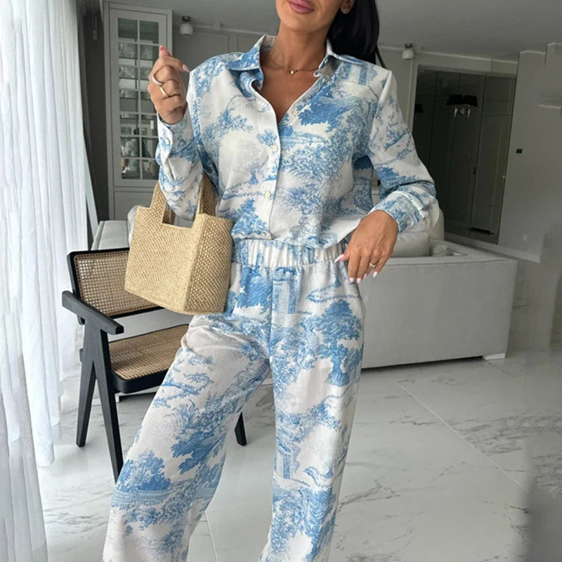 Women Causal Long Sleeve Loose 2Pc Sets Vintage Pattern Printed Office Outfits 2024 Fashion Lapel Collar Shirt & Long Pant Suit