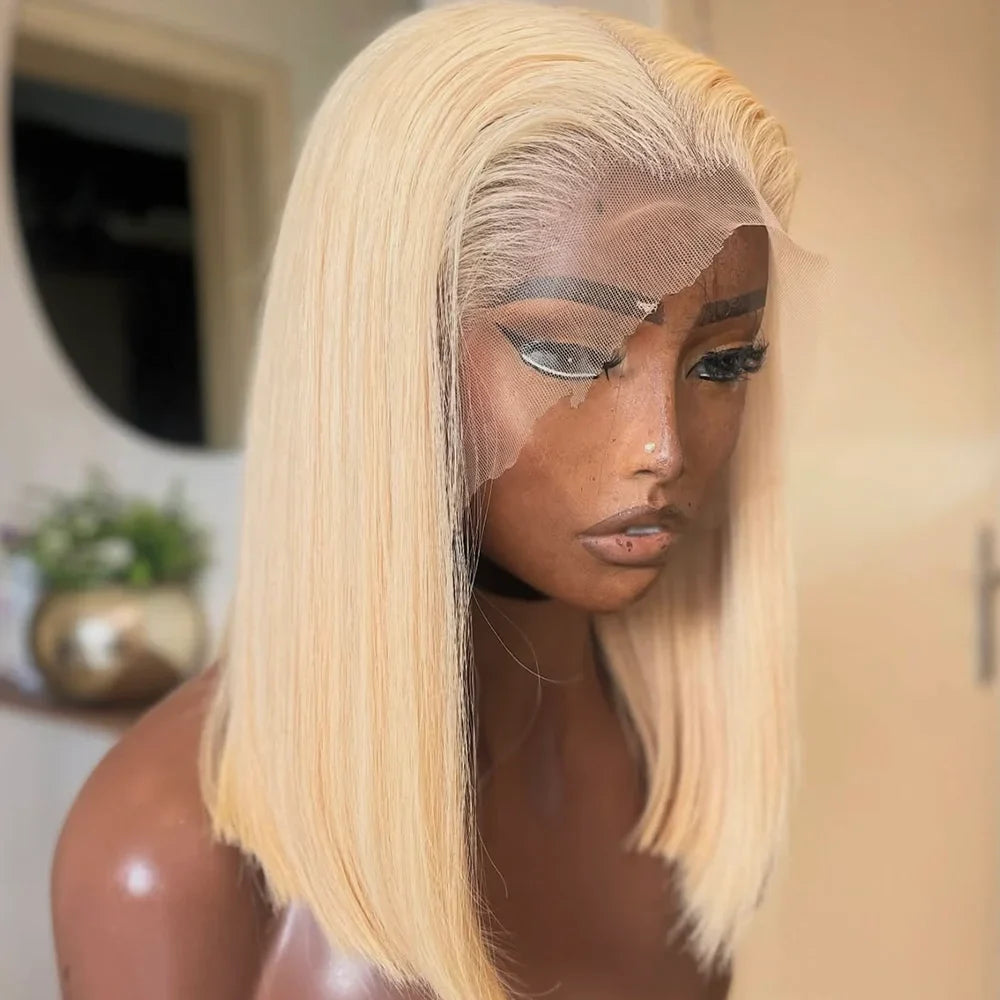 Peluca corta Bob liso de 220% de densidad, color rubio miel 613, cabello brasileño, peluca de cabello humano con encaje frontal 13x4 pre-arrancado con cabello de bebé