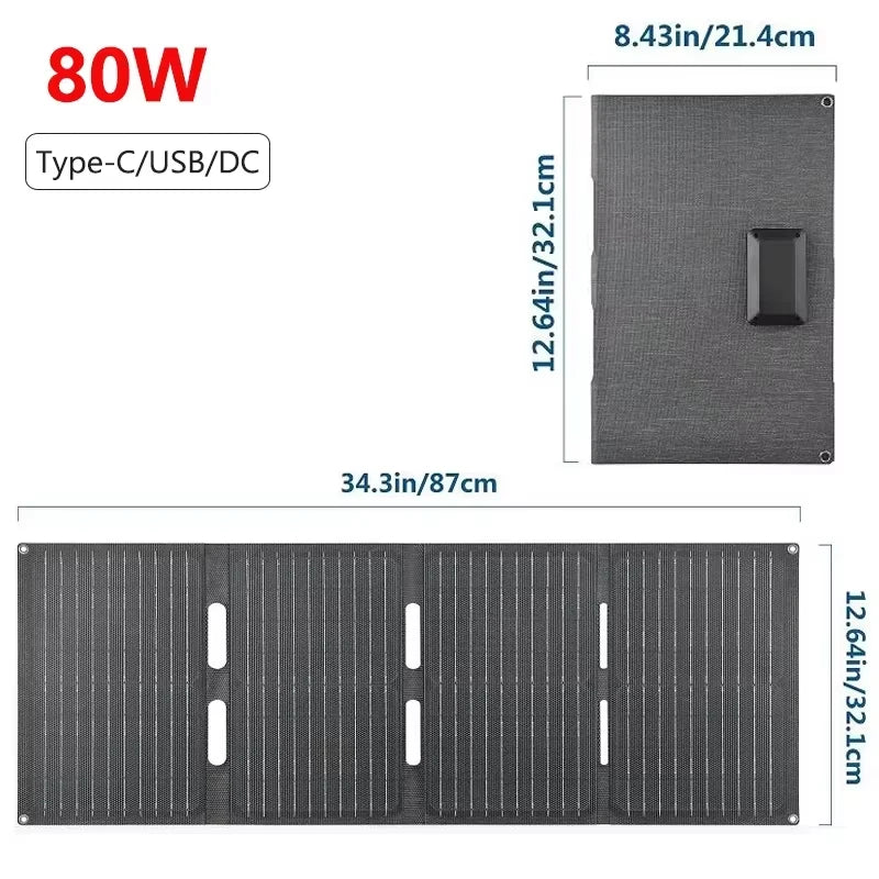 60W Foldable Solar Panel 3-Fold USB Type-C Folding Bag Power Charger For Phone Outdoor Hiking Camping Mobile Power Supplies