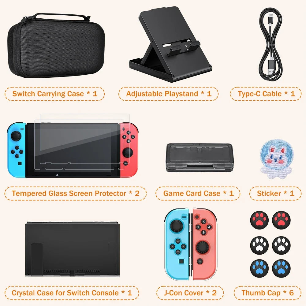 Nintend Switch pouch Kit For NS Switch with Protective Case Cover for Console & J-Con, Screen Protector, Adjustable Stand