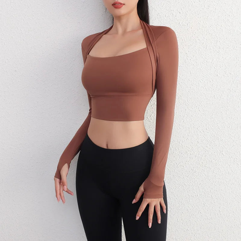Camisetas de yoga acolchadas de manga larga, tops cortos, camisetas de gimnasio escotadas