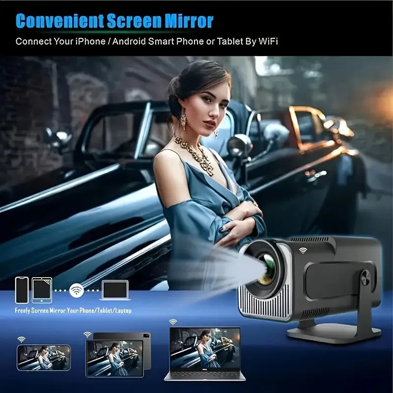 Smart Portable Projector Featuring Native 720P Resolution, Android 11 OS, Wi-Fi 6 And Bluetooth 5.4 Support, 180° Rotation, And Built-in Netflix And YouTube Apps.