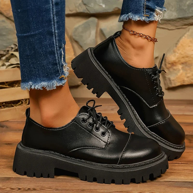 Fashion Printed Platform Oxford Shoes Women Comfortable Plus Size 43 Lace Up Pu Leather Shoes Woman Red Thick Sole Loafers Mujer
