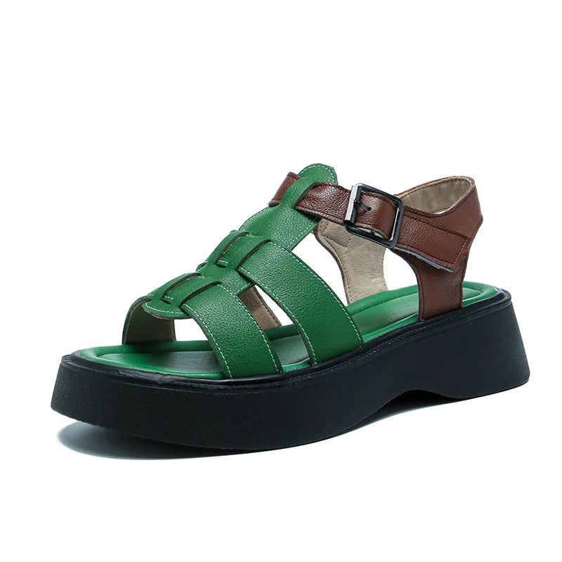 GKTINOO Summer Mixed Color Genuine Leather Sandals Roman Shoes Platform Wedges Woven Thick Soled Sandals Women Shoes Large Size