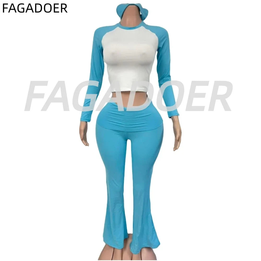FAGADOER Casual 2 Pieces Set for Woman Long Sleeve Round Neck T-Shirt and High Waist Pants Matching Tracksuits Female Sportswear