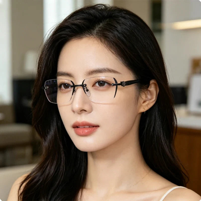 Unisex Rimless Business Glasses for Myopia, Featuring Metal Frames and Photochromic Lenses; Suitable for Daily Office Wear.