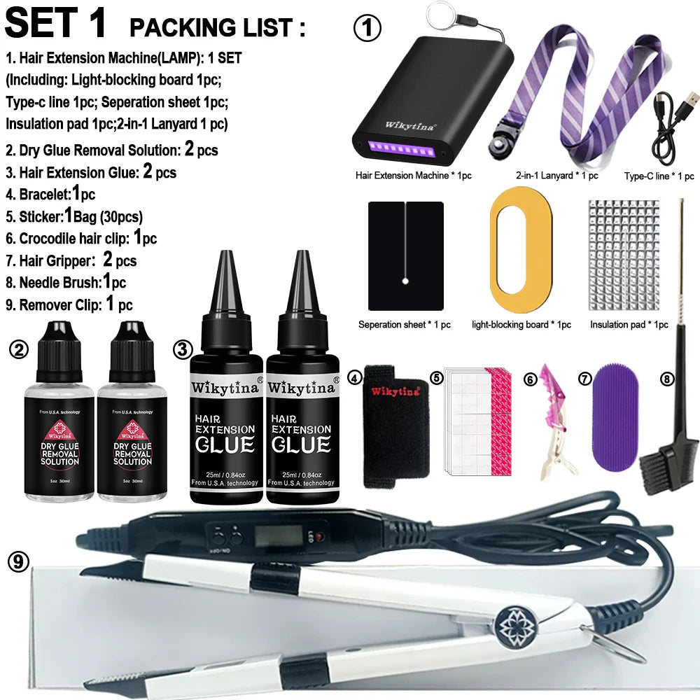 Wikytina Professional Hair Extensions Kit With UV Light V Light Tools