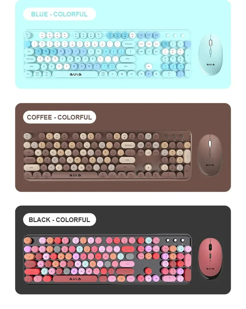 AULA Wireless Keyboard Mouse Combo 104 Keys Retro Round Keycaps Silent Typing 2.4G Ergonomic Office Gaming Set for PC Laptop