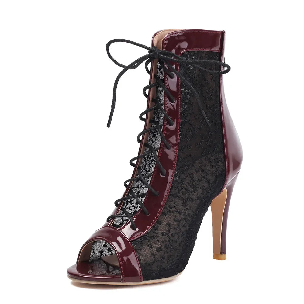 Plus Size 32-48 Sexy Black Mesh Lace Jazzi Summer Boots Women Elegant Peep Toe Thin High Heels Zip-up Ankle Boots Party Shoes