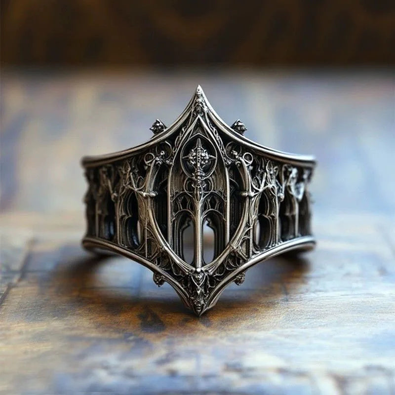 Vintage Antique Silver Gothic Hollow Wide Band Ring Dark Punk Openwork Architecture Carved Finger Ring Retro Hip Hop Biker Aesthetic Statement Jewelry Gift
