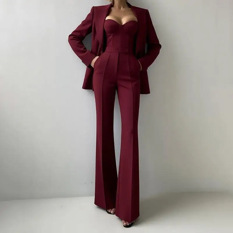 Solid Suit Jacket Corset Pants 3 Piece Set Women Corset Lapel Coat Straight Pants Lady Set 2026 Summer Autumn Commute Outfit New