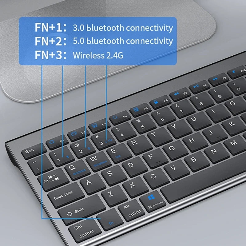 Wireless Keyboard Bluetooth 5.0&3.0&2.4G FN+1/2/3 Dual-Mode 350mAh Ultra Thin Keyboards for Laptop PC TV iPad Macbook Android
