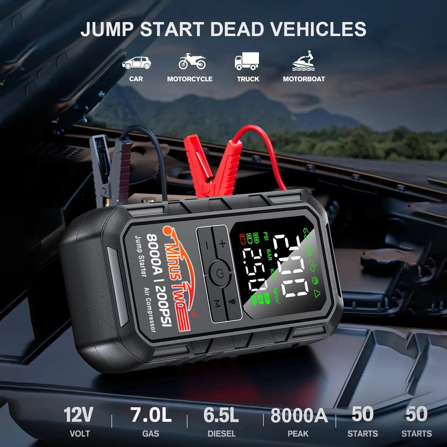 4-IN-1 Car Jump Starter with Air Compressor Peak 4000A Auto Battery Booster 200PSI Air Pump Portable Power Bank Tire Inflator