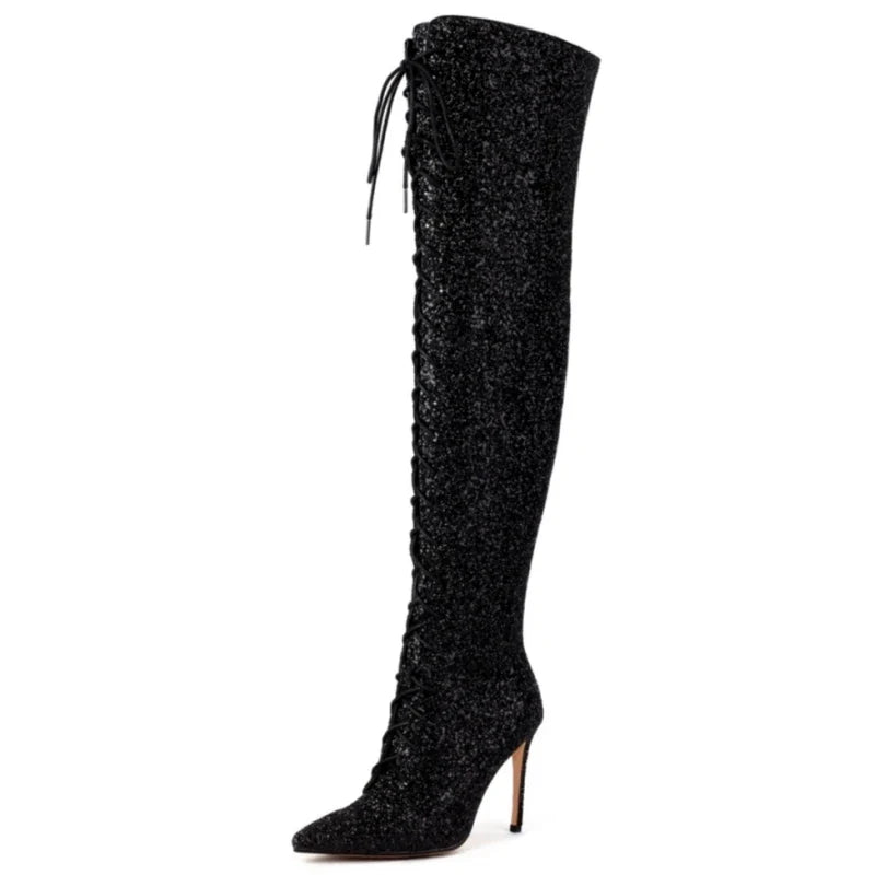 Luxury Gold Silver Red Over the Knee High Boots Sequined Sexy Nightclub Dance Party Shoes Ladies Lace-up Long Boot Large Size 48