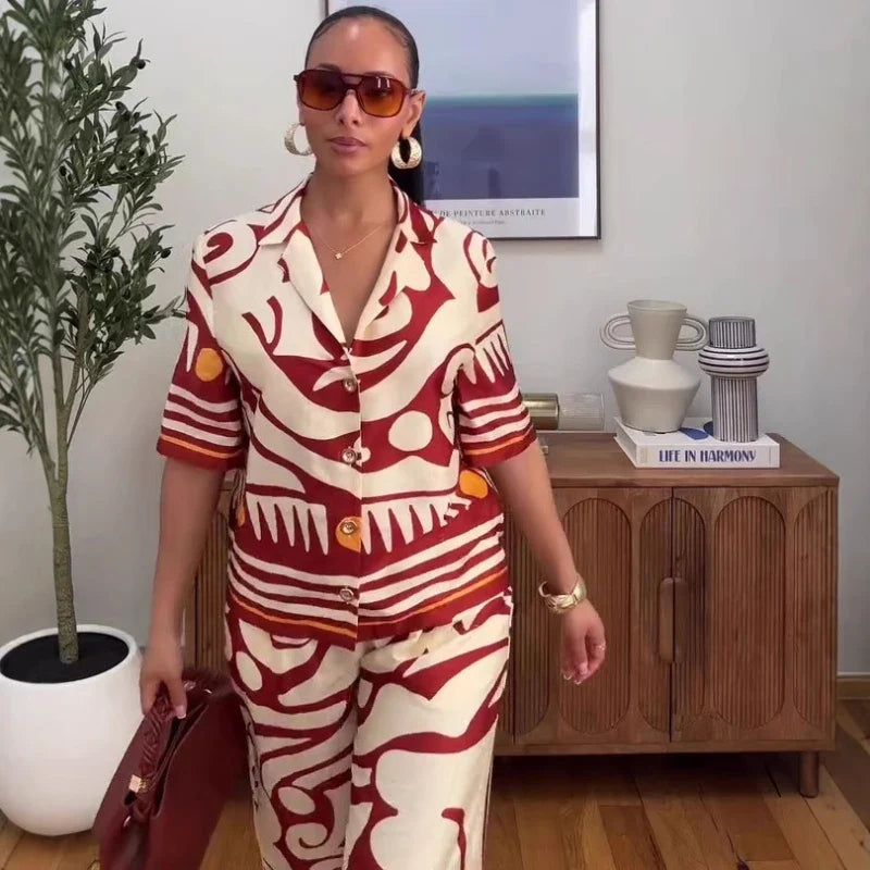 New Fashion Printed Women Two Piece Set Outfits Short Sleeve Turn Down Collar Shirt And Wide Leg Pants Set