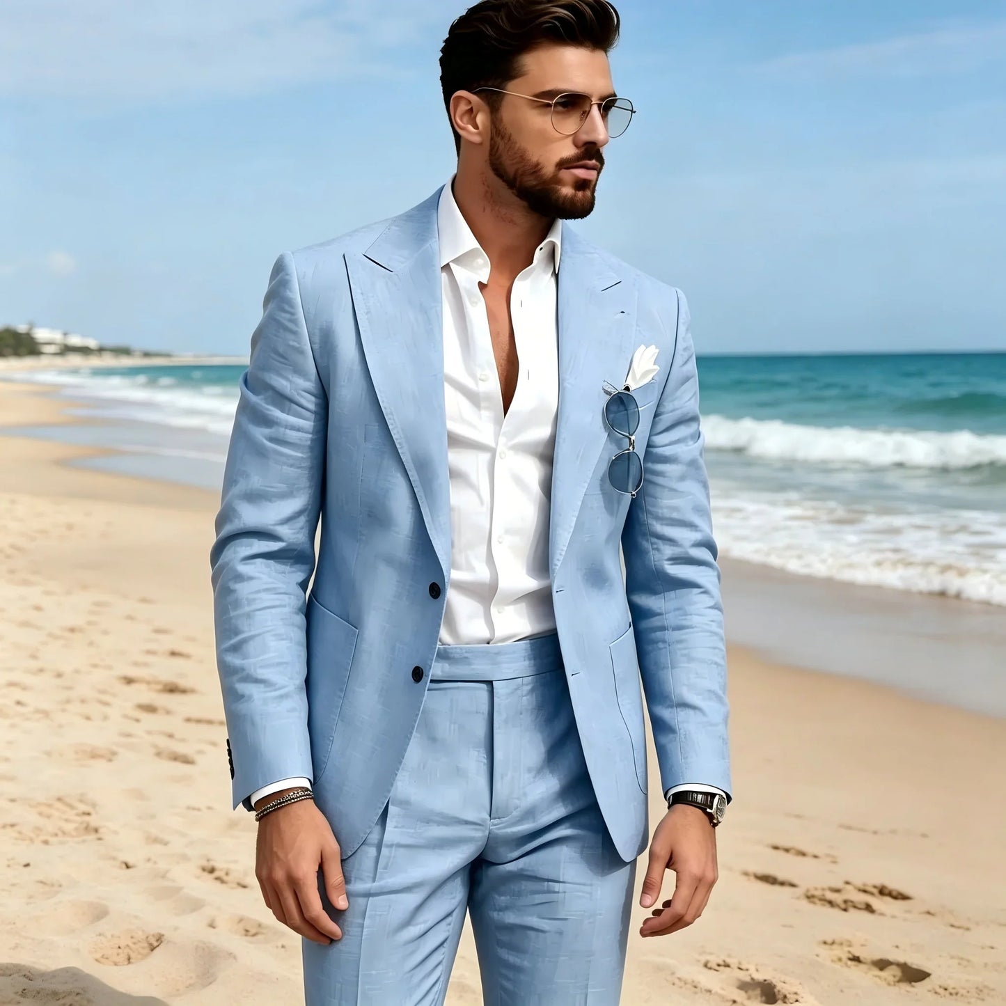 2 Pieces Beige Linen Men Suits Peaked Lapel Slim Fit Blazer Pants