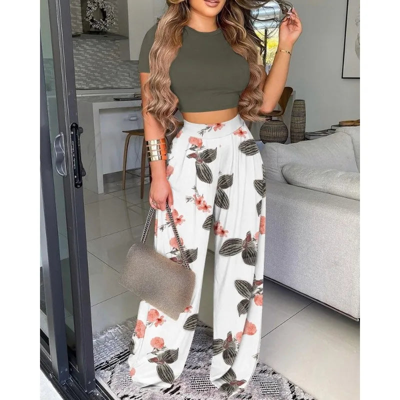 Spring Summer Flower Print Slim Suit Women Sexy O-Neck Short Sleeve Short T-shirt Top High Waist Wide Leg Pants Trousers Suit