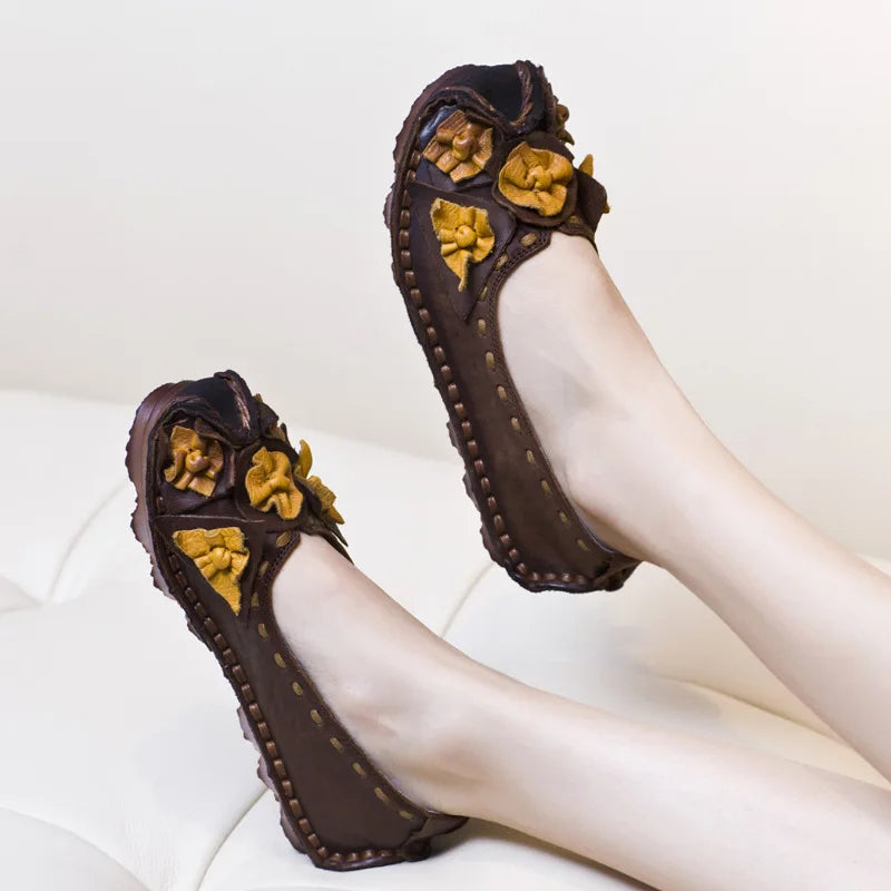 GKTINOO Retro Women Shoes Loafers Big Flower Soft Soles Casual Low Heel Luxury Shoes Flats Elegant Genuine Leather Ladies Shoes