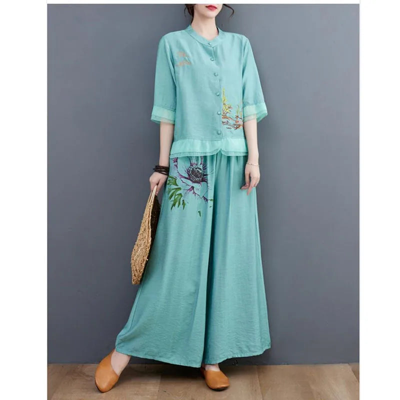 Ethnic style Pant Suit Women's Ramie Upper Garment Summer Cotton Linen Cardigan Embroidery Mother's Loose Two-Piece Set Female