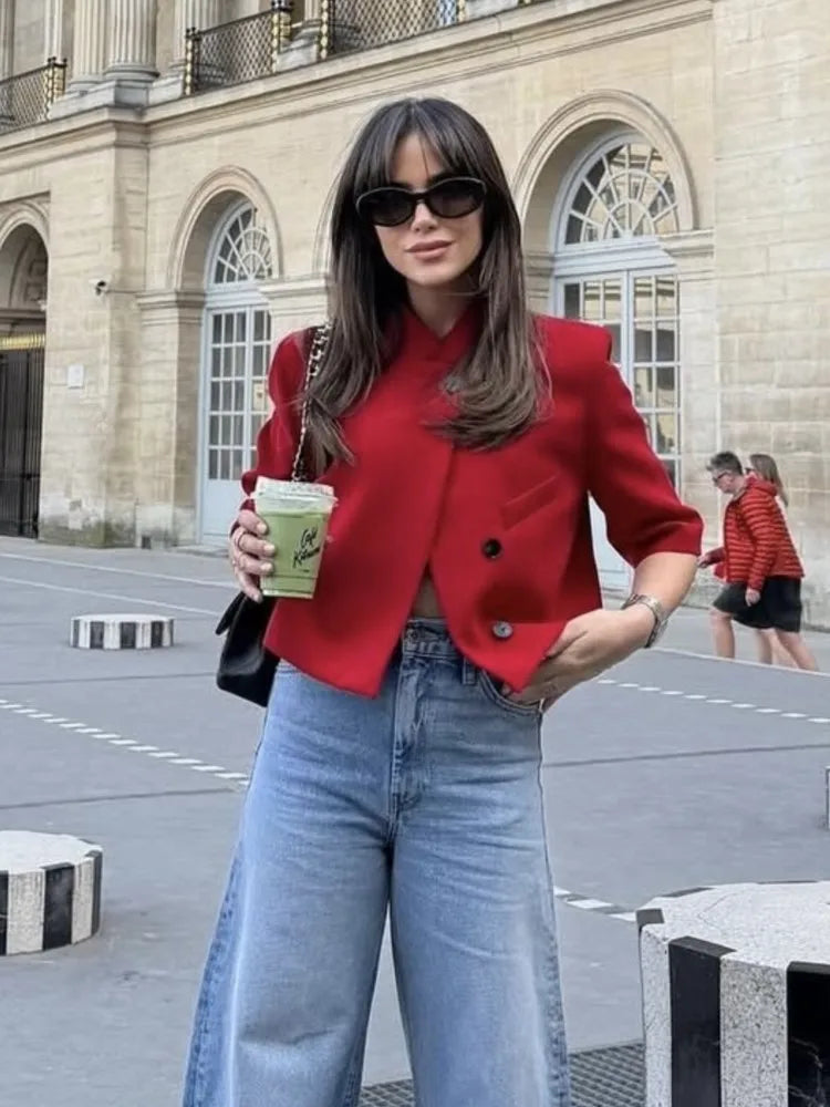 Women's Cropped Short Blazer New 2026 Spring Summer High-Neck Short Sleeve Button Simple Solid Women Coat Female Chic Tops