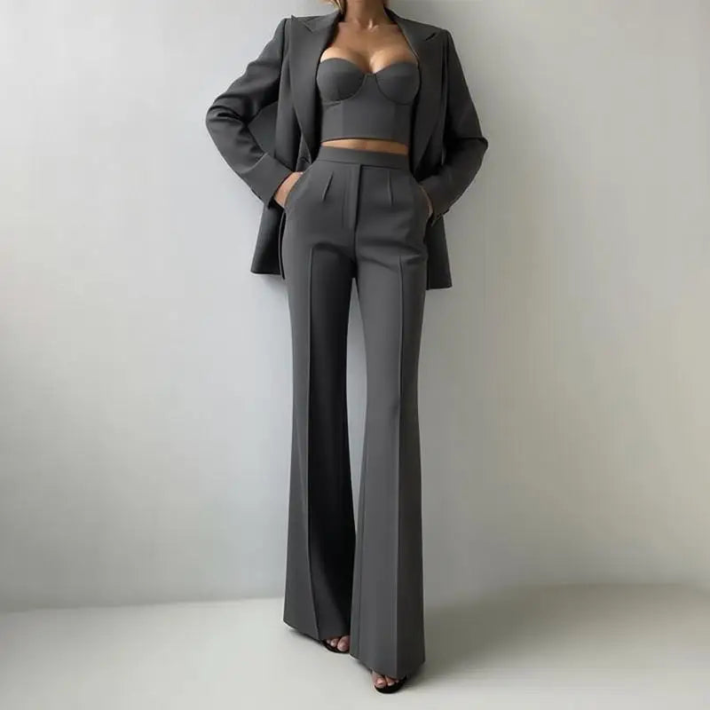 Solid Suit Jacket Corset Pants 3 Piece Set Women Corset Lapel Coat Straight Pants Lady Set 2026 Summer Autumn Commute Outfit New