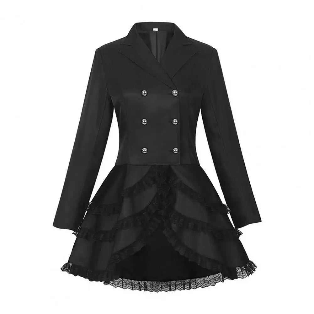 Women Double Breasted Victorian Steampunk Blazer Coat Gothic Tuxedo Tailcoat Jacket with Lace Hem Halloween Uniform Costume