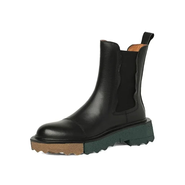 HOT SALE Autumn/Winter Women Boots Roend Toe Chunky Heel Shoes Chelsea Boots Genuine Leather Shoes for Women Flat Women Shoes