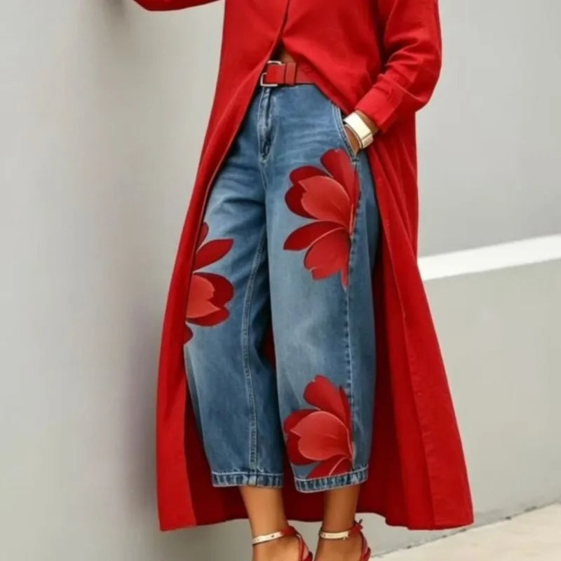 2026 New Fashion Floral Print Wide Leg Jeans Casual Cotton Denim High Waist Nine-Pants Trendy Plus Size Trousers High Street