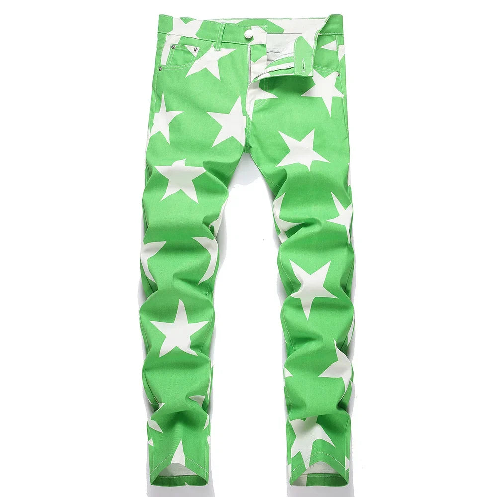 2026 New Fashion Men Clothing Stars Print Jeans Y2K Fancy Color Stretch Cotton Denim Pants Spring Trendy Slim Straight Trousers
