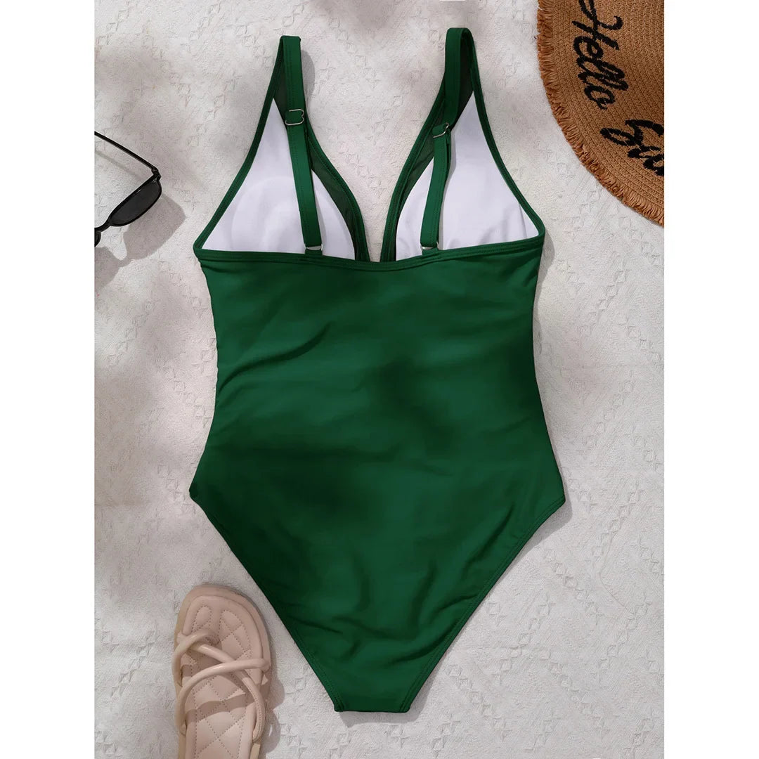 S - XL New Sexy Mesh Sheer V Neck Women Swimwear One Piece Swimsuit Female High Leg Cut Monokini Bather Bathing Suit Swim V5136