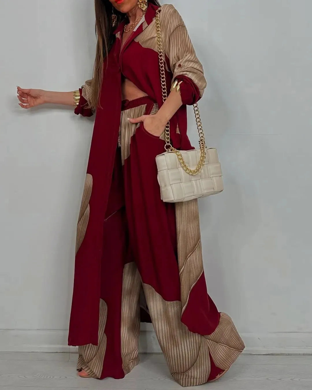 Elegant Lady Set Printed Long Shirt Top Wide Leg Pants 2-piece Outfit Casual Loose Oversized Women Sets Casual Two-piece Outfit
