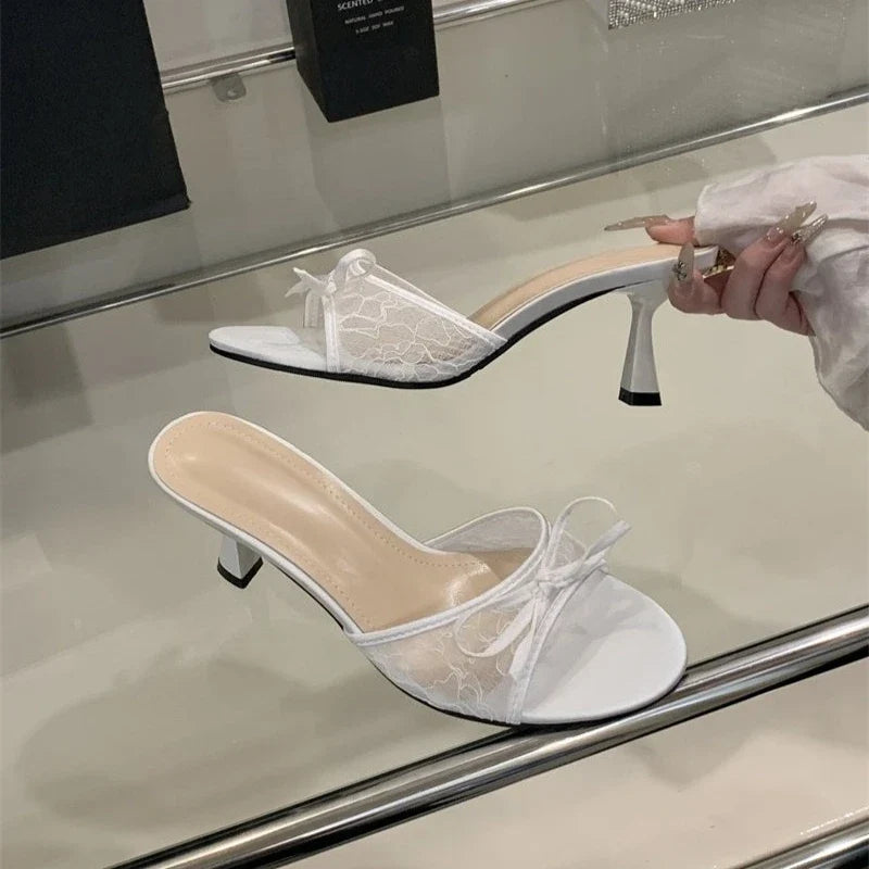 Summer Women Net Butterfly-knot Slippers Fashion Cover Pointed Toe Slip On Mules Shoes Thin High Heel Ladies Elegant Slides Pump